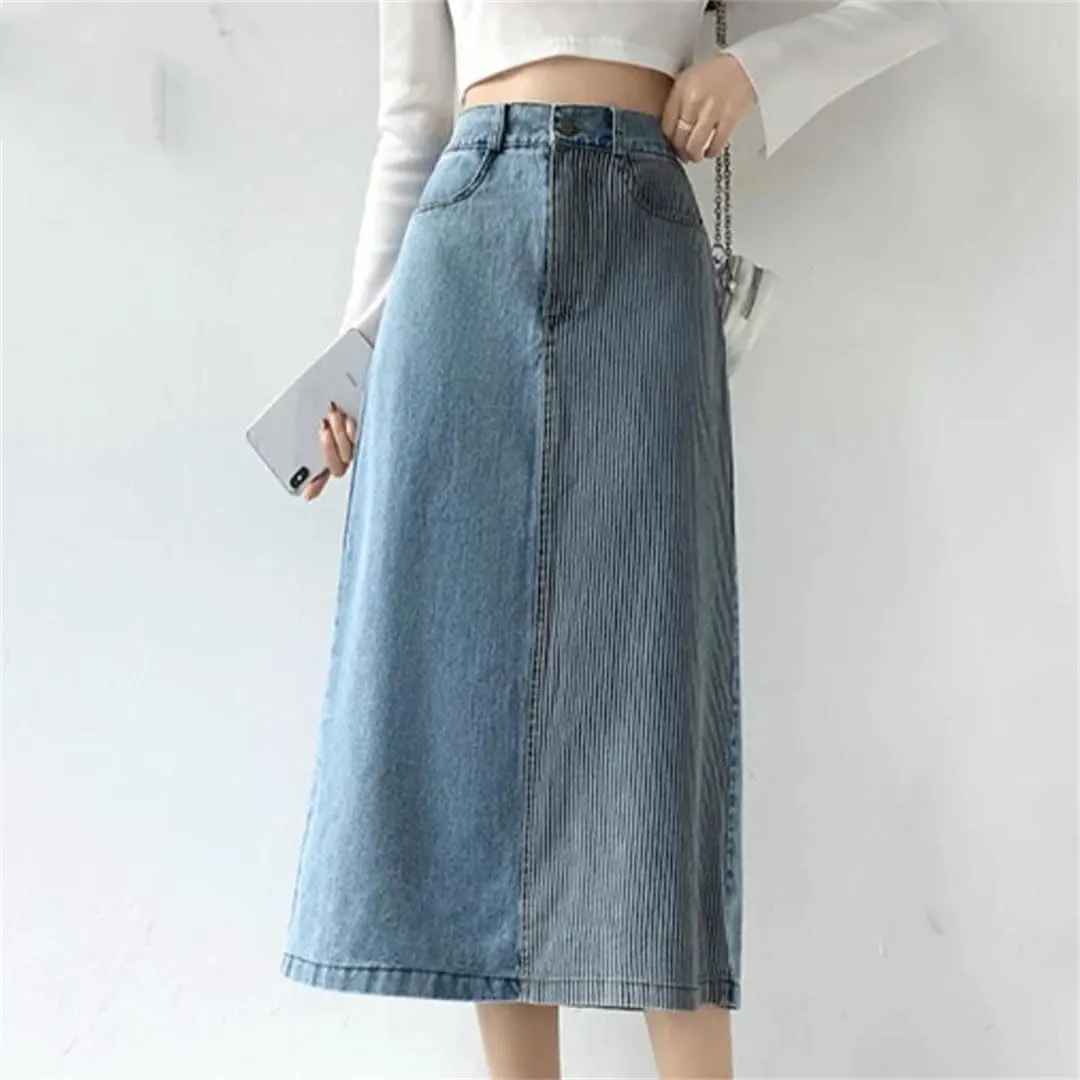 Women's Denim High Waist Patchwork Casual Mid Length Skirts