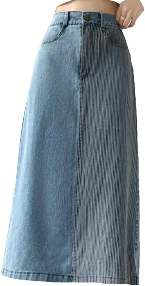 Women's Denim High Waist Patchwork Casual Mid Length Skirts