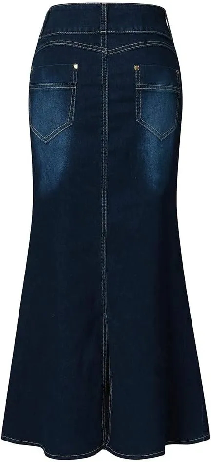 Women's Denim Long Skirt Front Button-Fly Packaged Hip Washed Casual Skirts Summer Back Slit Sexy Skirt