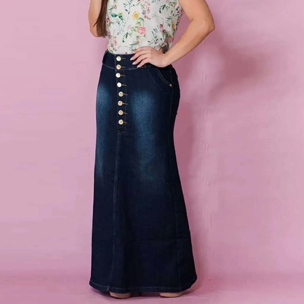 Women's Denim Long Skirt Front Button-Fly Packaged Hip Washed Casual Skirts Summer Back Slit Sexy Skirt