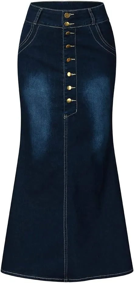 Women's Denim Long Skirt Front Button-Fly Packaged Hip Washed Casual Skirts Summer Back Slit Sexy Skirt