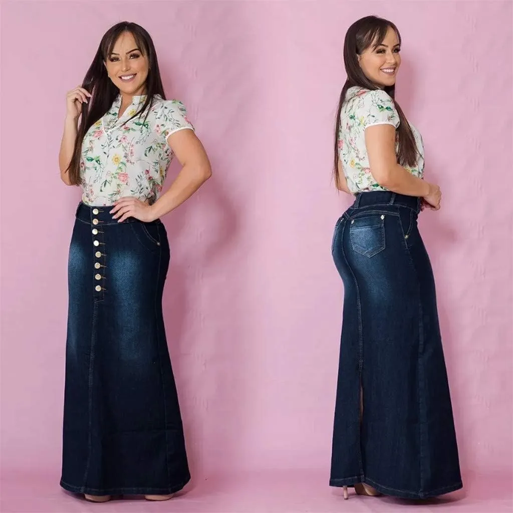 Women's Denim Long Skirt Front Button-Fly Packaged Hip Washed Casual Skirts Summer Back Slit Sexy Skirt
