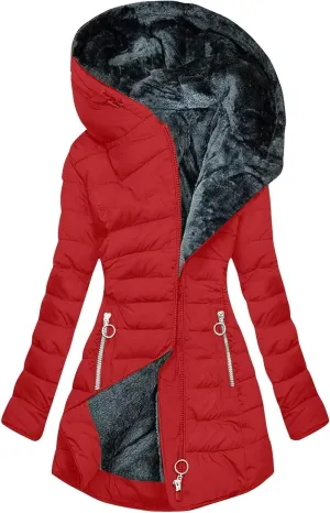 Women's Down Jacket Fleece Lined Zip Up Fur Hooded Coat Waterproof Thick Quilted Jacket Oversize Warm Trench Coat