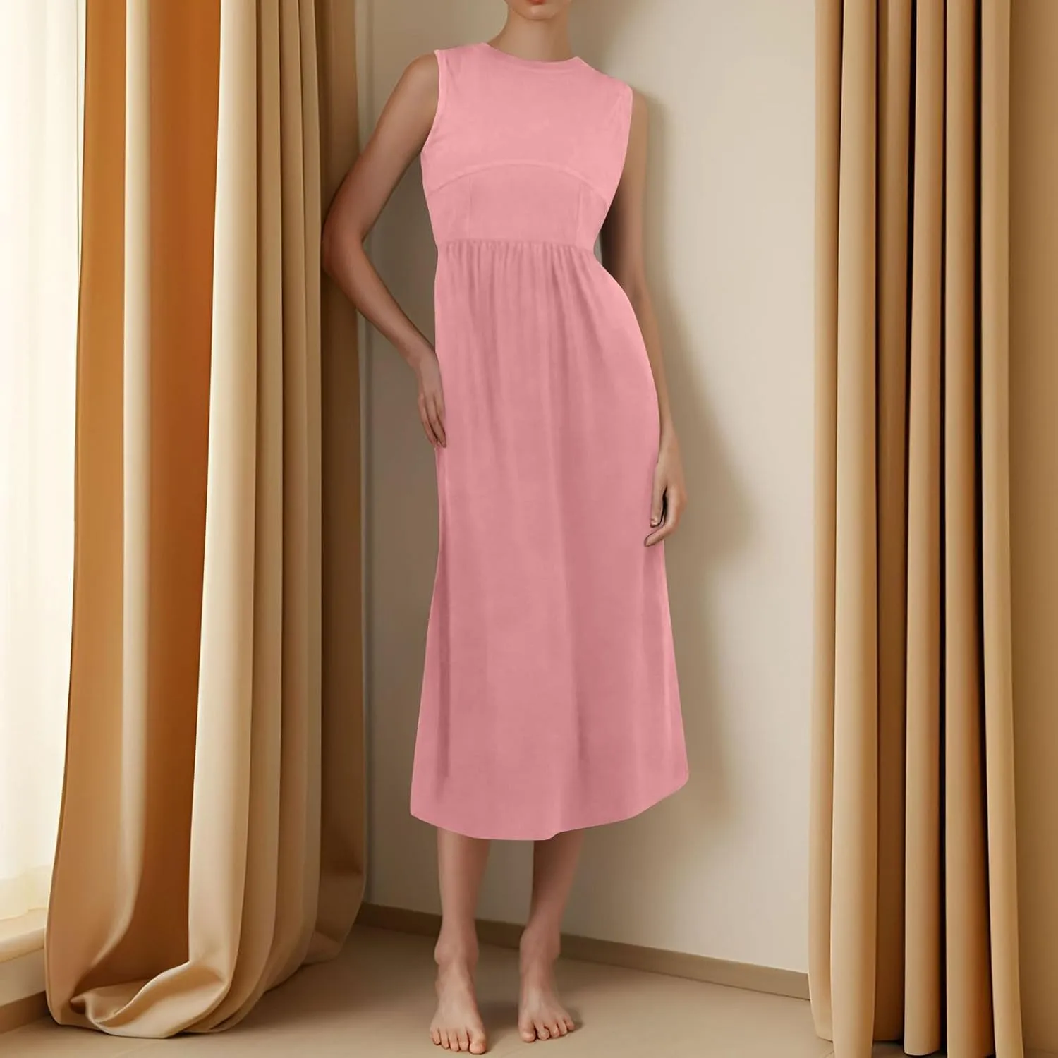 Womens Dress Summer Tank Dress Cute Sundresses High Waist Sleeveless Empire Waist Dresses A Line Dresses with Pocket