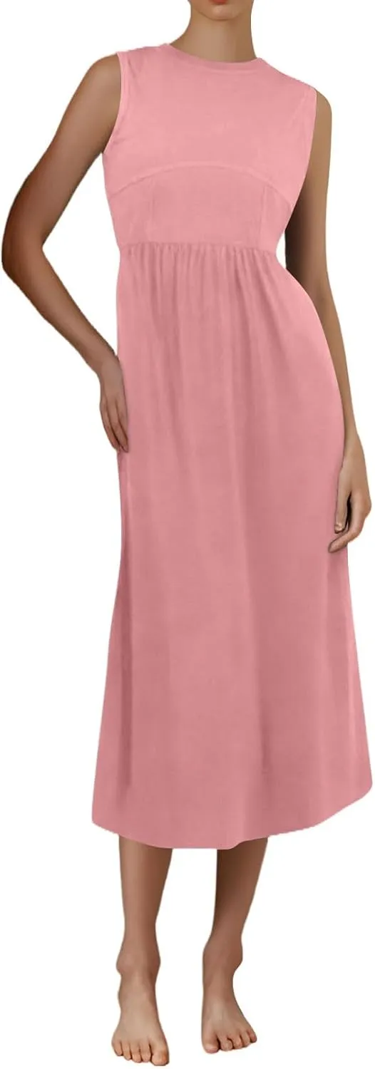 Womens Dress Summer Tank Dress Cute Sundresses High Waist Sleeveless Empire Waist Dresses A Line Dresses with Pocket
