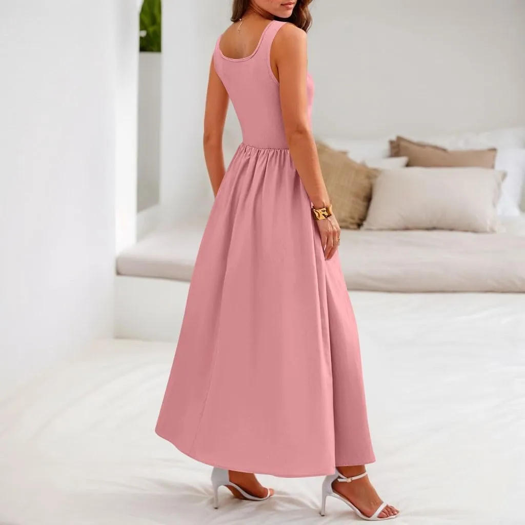 Womens Dress Summer Tank Dress Cute Sundresses High Waist Sleeveless Empire Waist Dresses A Line Dresses with Pocket