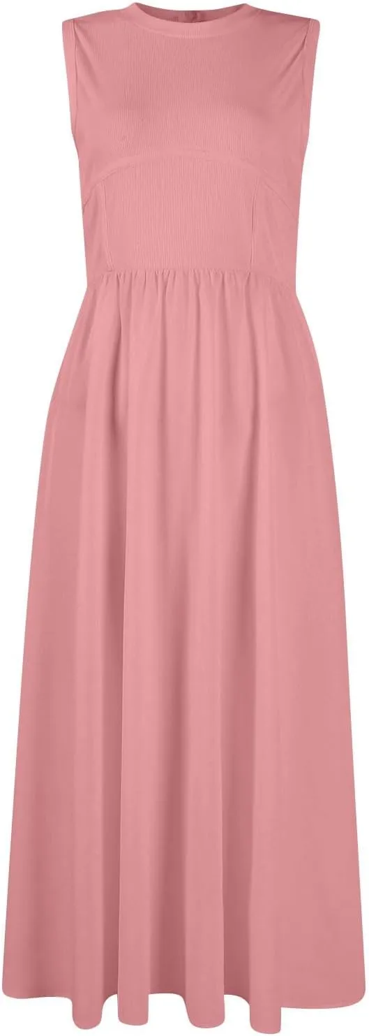 Womens Dress Summer Tank Dress Cute Sundresses High Waist Sleeveless Empire Waist Dresses A Line Dresses with Pocket