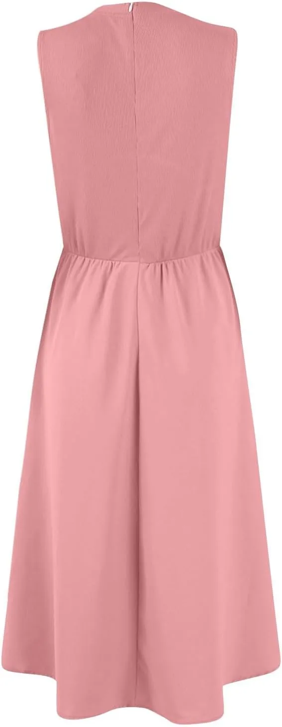 Womens Dress Summer Tank Dress Cute Sundresses High Waist Sleeveless Empire Waist Dresses A Line Dresses with Pocket