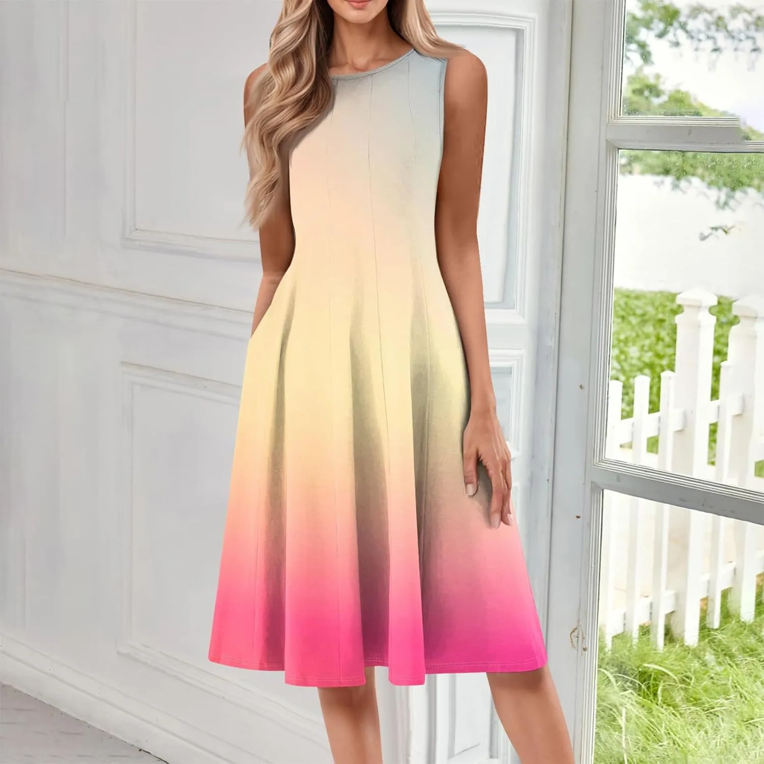 Womens Dresses Summer 2025 Empire Waist Sundresses Tank Dress Sleeveless Floral Dress Ruffle Dresses with Pockets