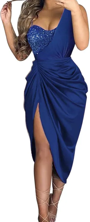 Womens Dresses Summer Evening Dress Sexy Slim Asymmetrical Shoulder Sleeveless Smocked Split Hem Irregular Club Dress