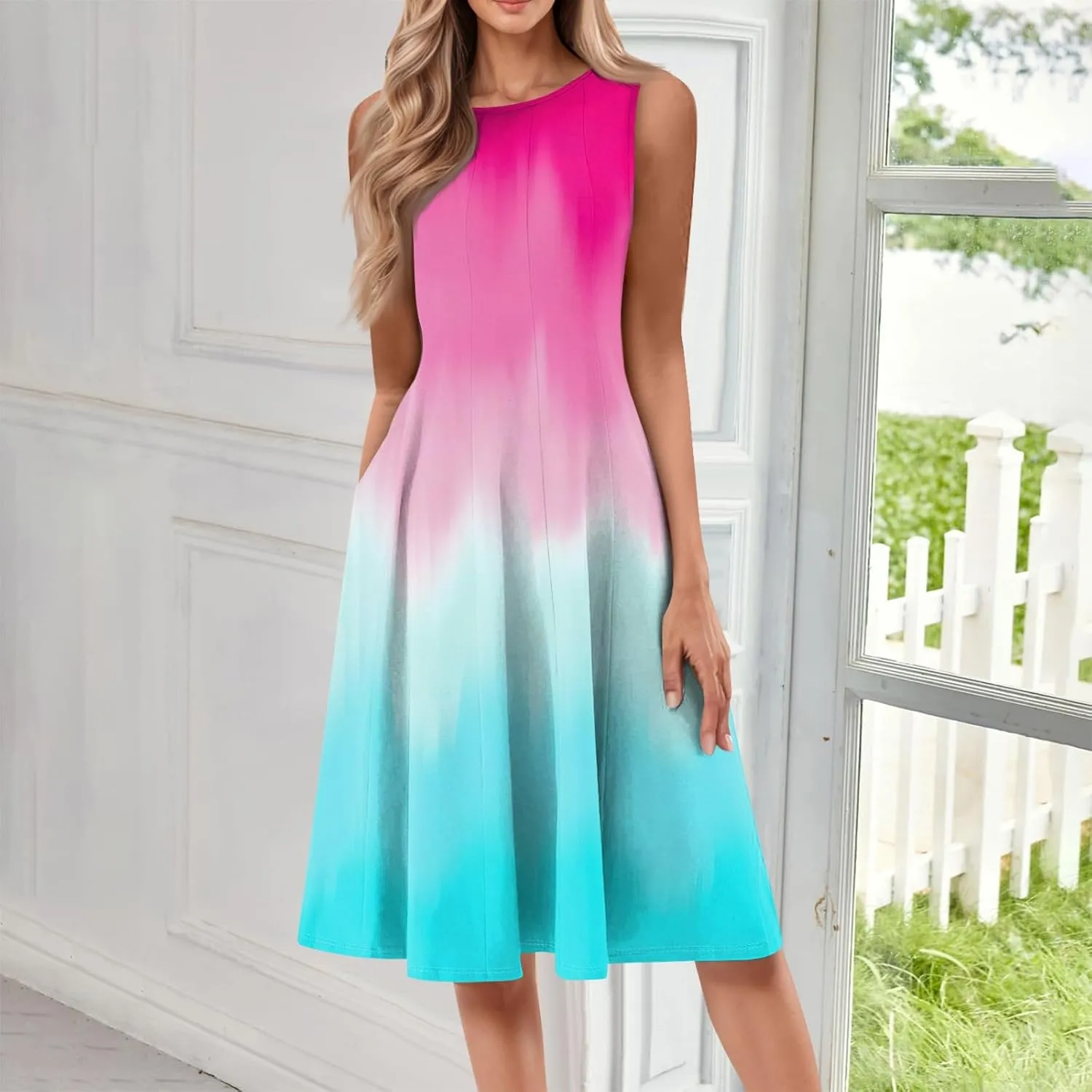Women's Dresses Summer Tank Dress Cute Sundress Highwaisted Sleeveless Floral Dress Fashion Ruched Dresses with Pocket