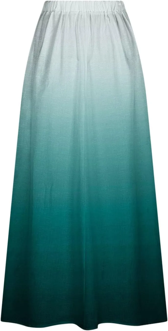 Women's Elastic High Waist Skirts Plus Size Tie-dye Gradient Color Block A-Line Pleated Long Maxi Skirts with Pocket