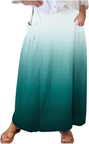 Women's Elastic High Waist Skirts Plus Size Tie-dye Gradient Color Block A-Line Pleated Long Maxi Skirts with Pocket