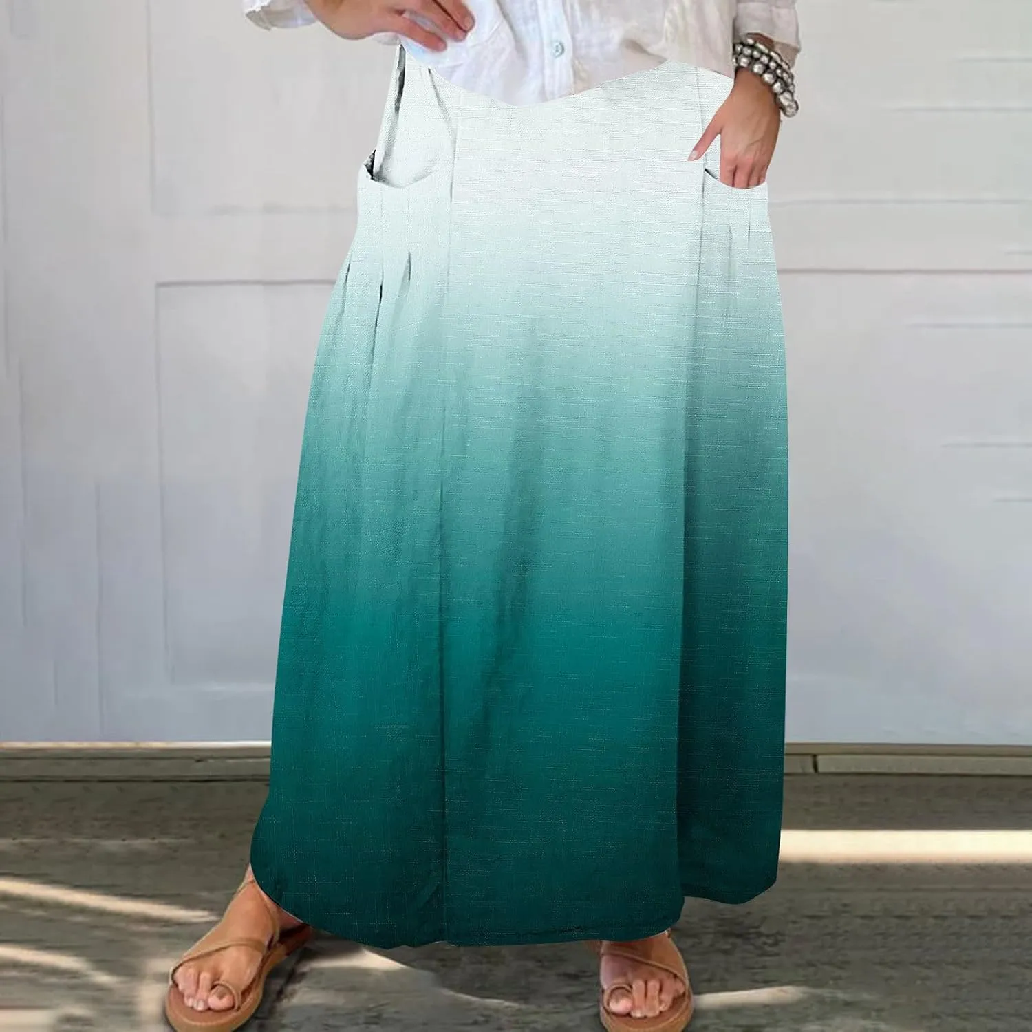 Women's Elastic High Waist Skirts Plus Size Tie-dye Gradient Color Block A-Line Pleated Long Maxi Skirts with Pocket