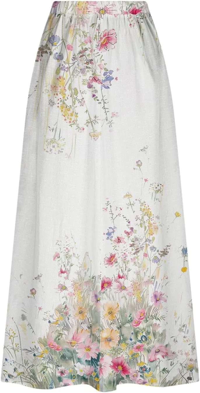 Women's Elastic Waist A Line Swing Flared Pleated Skirts Plus Size Fashion Boho Floral Print Long Skirts with Pocket