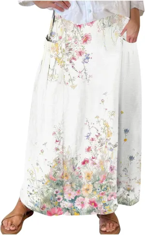 Women's Elastic Waist A Line Swing Flared Pleated Skirts Plus Size Fashion Boho Floral Print Long Skirts with Pocket