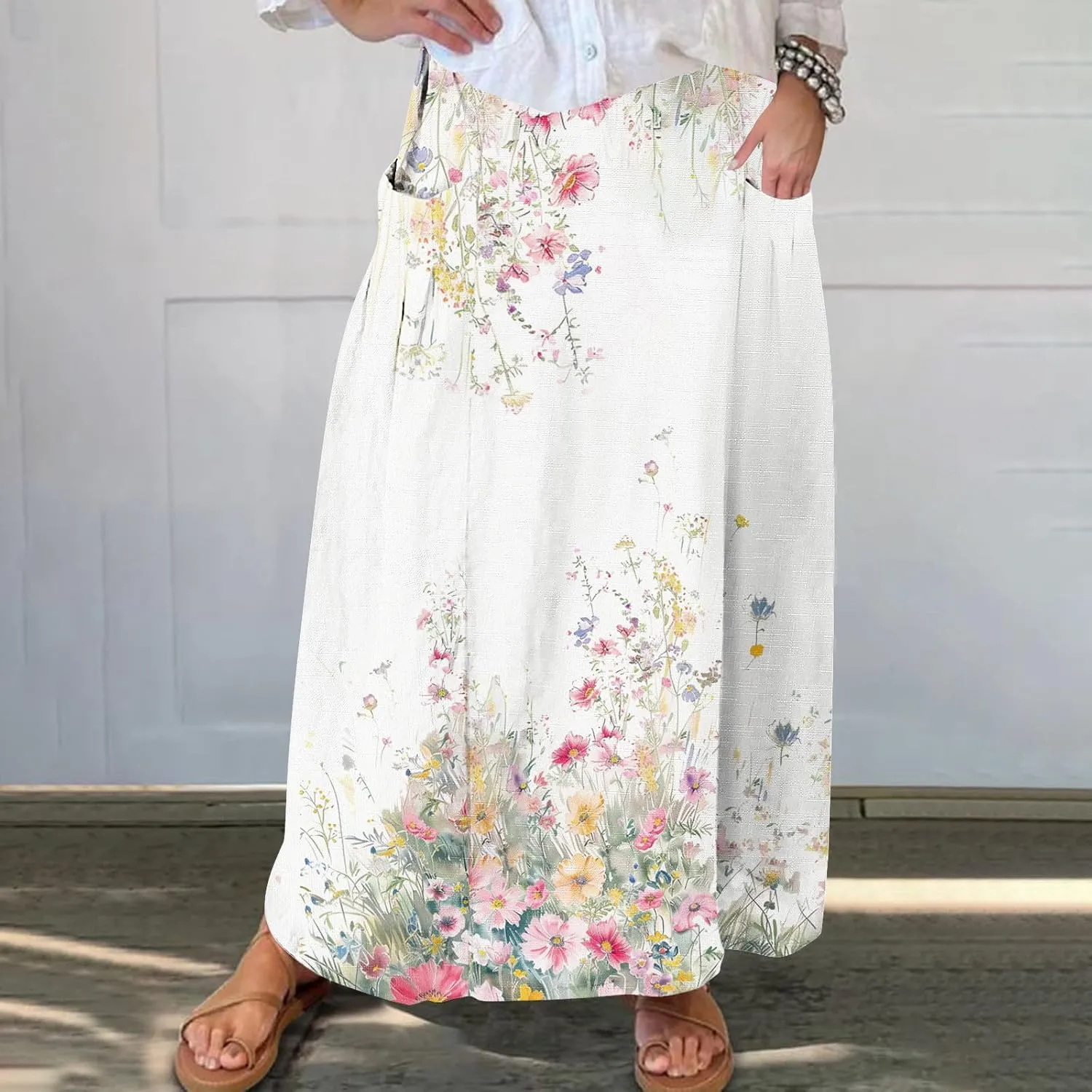 Women's Elastic Waist A Line Swing Flared Pleated Skirts Plus Size Fashion Boho Floral Print Long Skirts with Pocket
