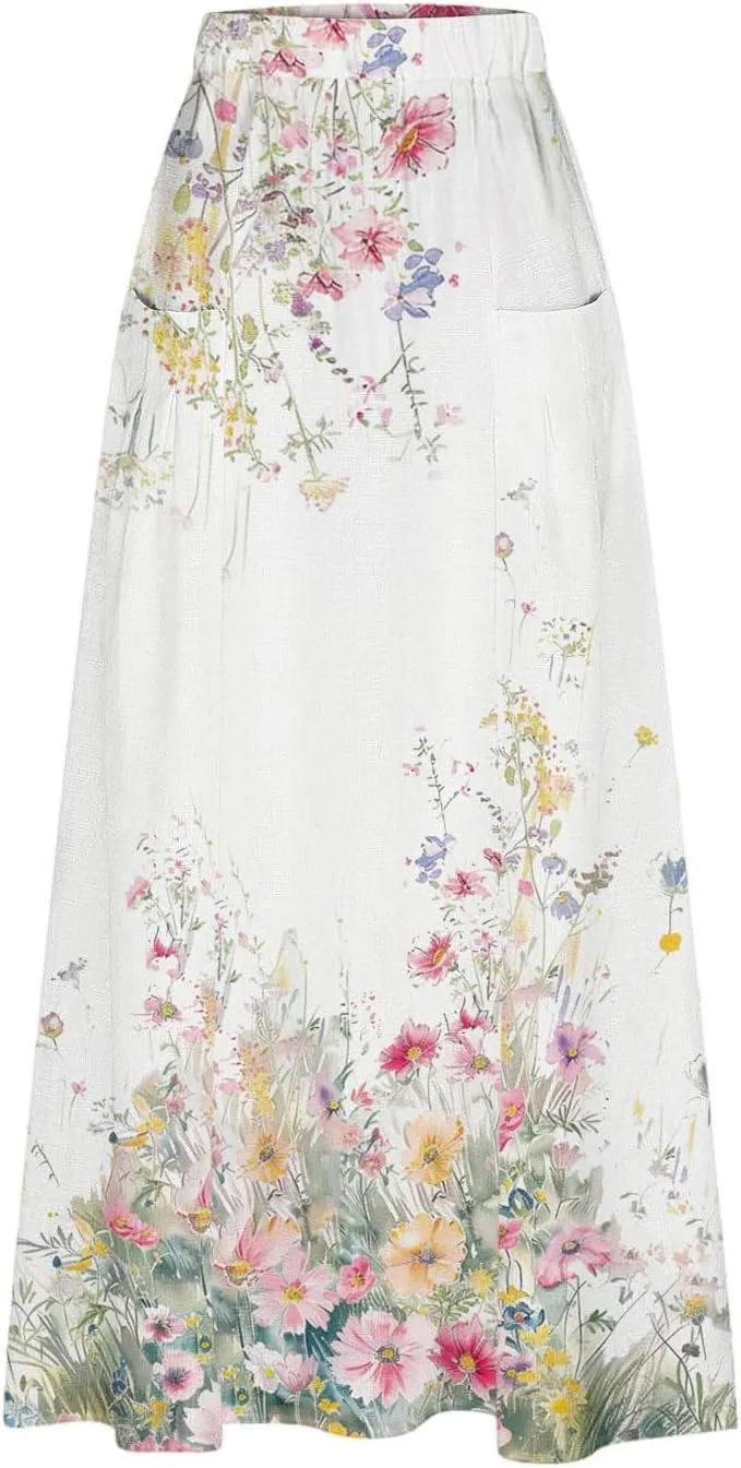 Women's Elastic Waist A Line Swing Flared Pleated Skirts Plus Size Fashion Boho Floral Print Long Skirts with Pocket