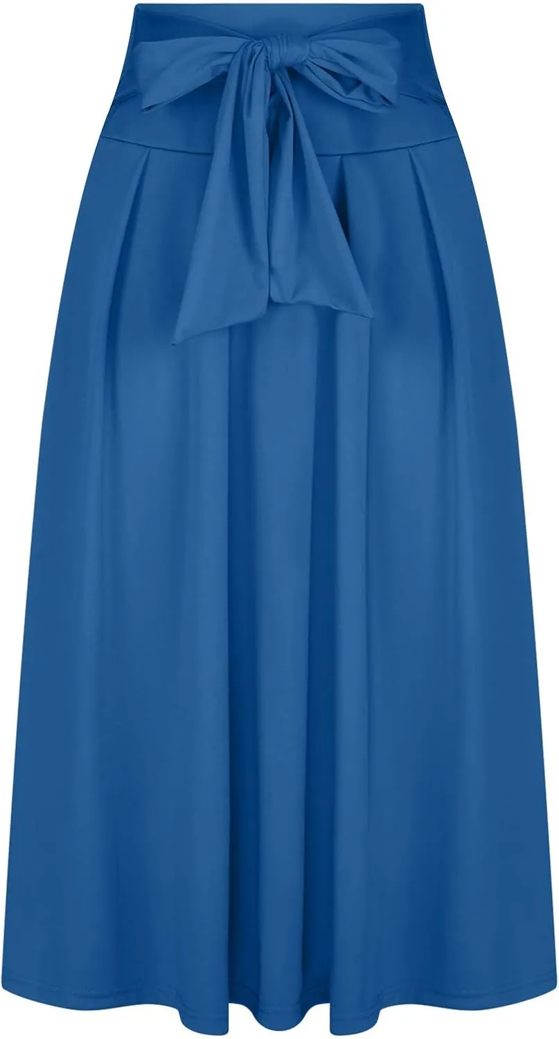 Women's Elegant High Waisted Skirt Tie Front Pleated Maxi Skirts Fashion Solid Color Flowy Swing Ankle Length Skirt