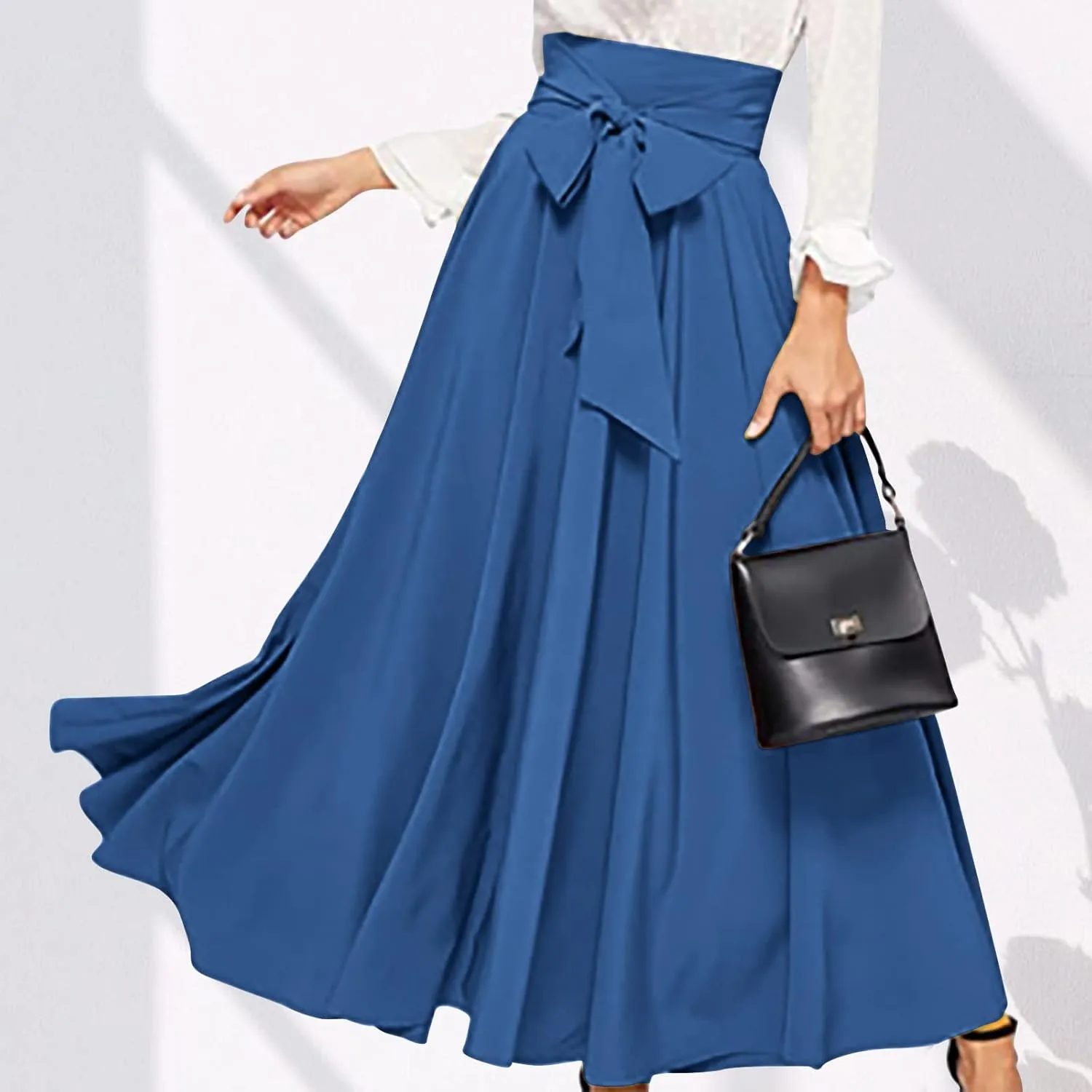 Women's Elegant High Waisted Skirt Tie Front Pleated Maxi Skirts Fashion Solid Color Flowy Swing Ankle Length Skirt