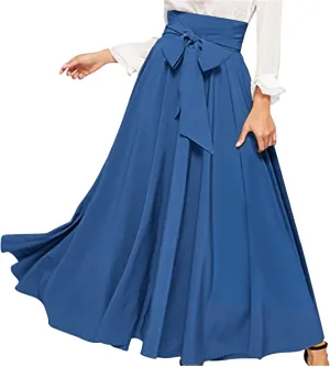 Women's Elegant High Waisted Skirt Tie Front Pleated Maxi Skirts Fashion Solid Color Flowy Swing Ankle Length Skirt