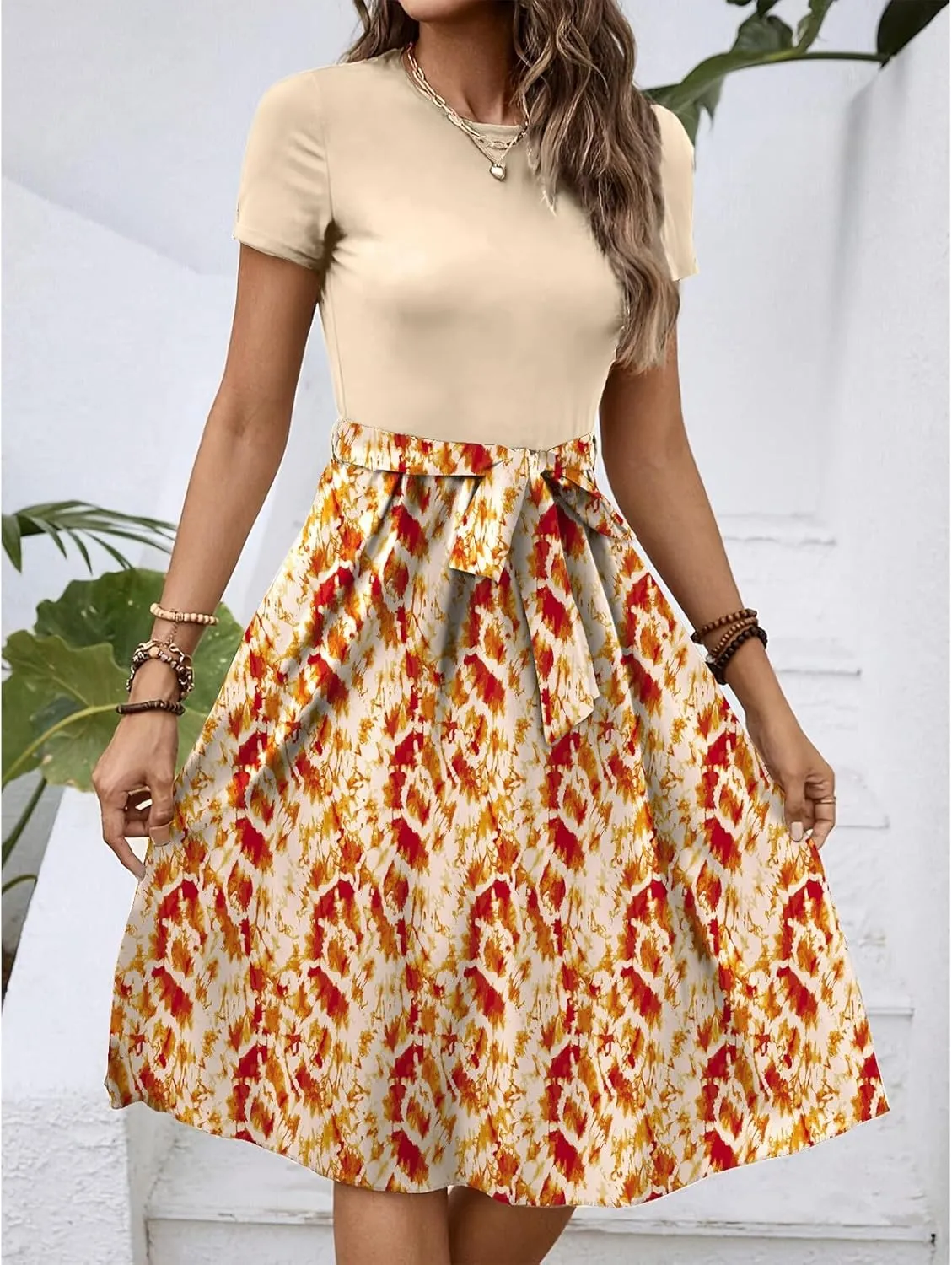 Women's Empire Waist Floral Dresses Short Sleeve Modest Midi Length Dress Summer Color Blocked Belt Dress