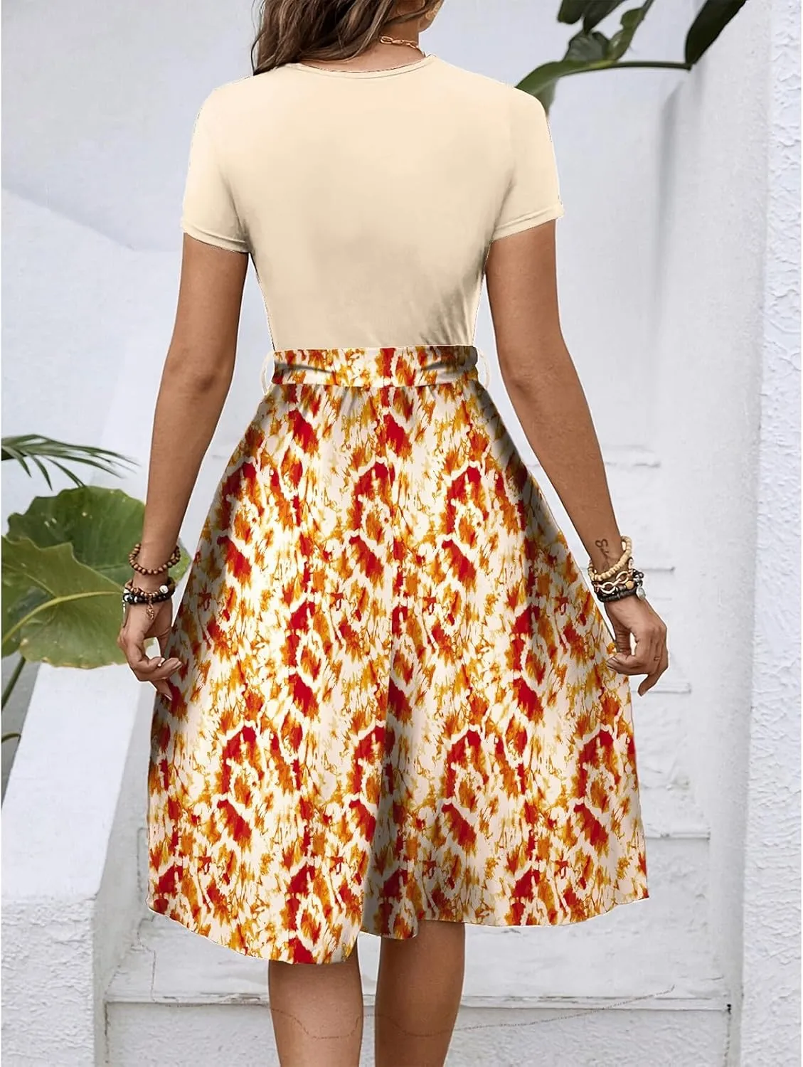 Women's Empire Waist Floral Dresses Short Sleeve Modest Midi Length Dress Summer Color Blocked Belt Dress