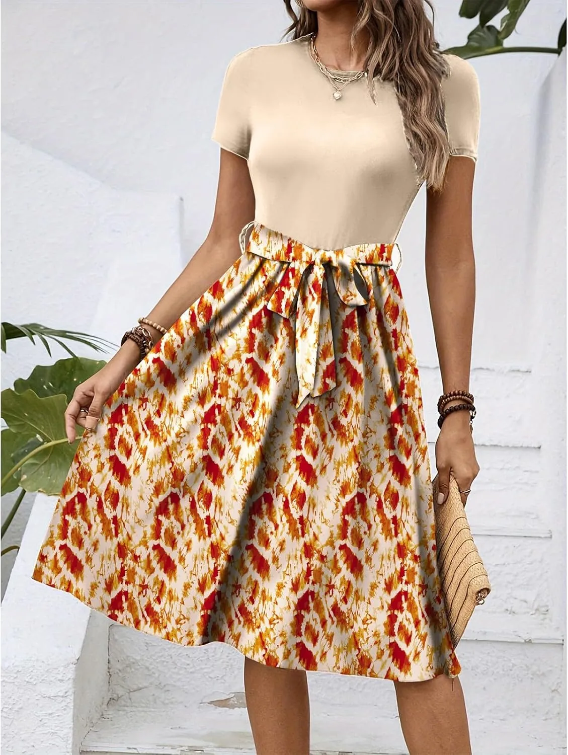 Women's Empire Waist Floral Dresses Short Sleeve Modest Midi Length Dress Summer Color Blocked Belt Dress
