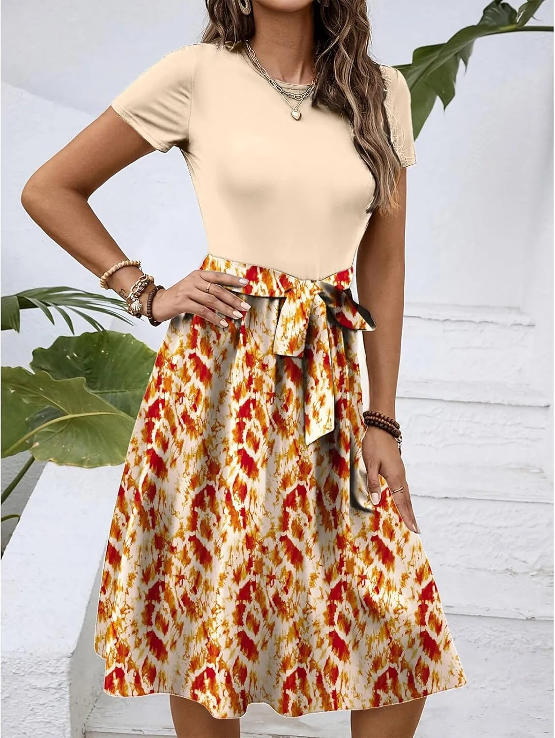 Women's Empire Waist Floral Dresses Short Sleeve Modest Midi Length Dress Summer Color Blocked Belt Dress