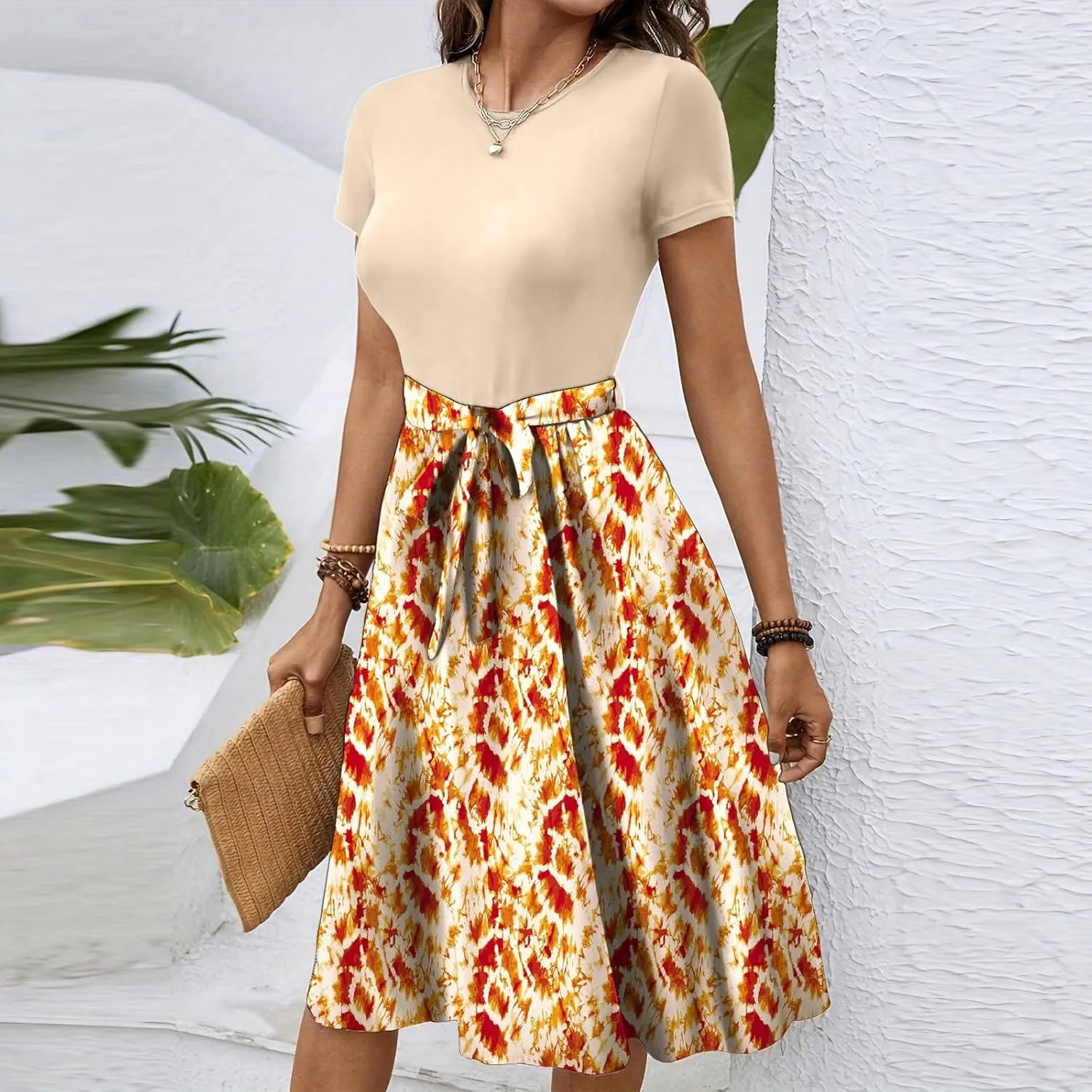 Women's Empire Waist Floral Dresses Short Sleeve Modest Midi Length Dress Summer Color Blocked Belt Dress