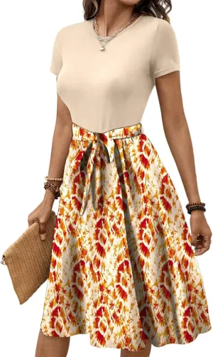 Women's Empire Waist Floral Dresses Short Sleeve Modest Midi Length Dress Summer Color Blocked Belt Dress