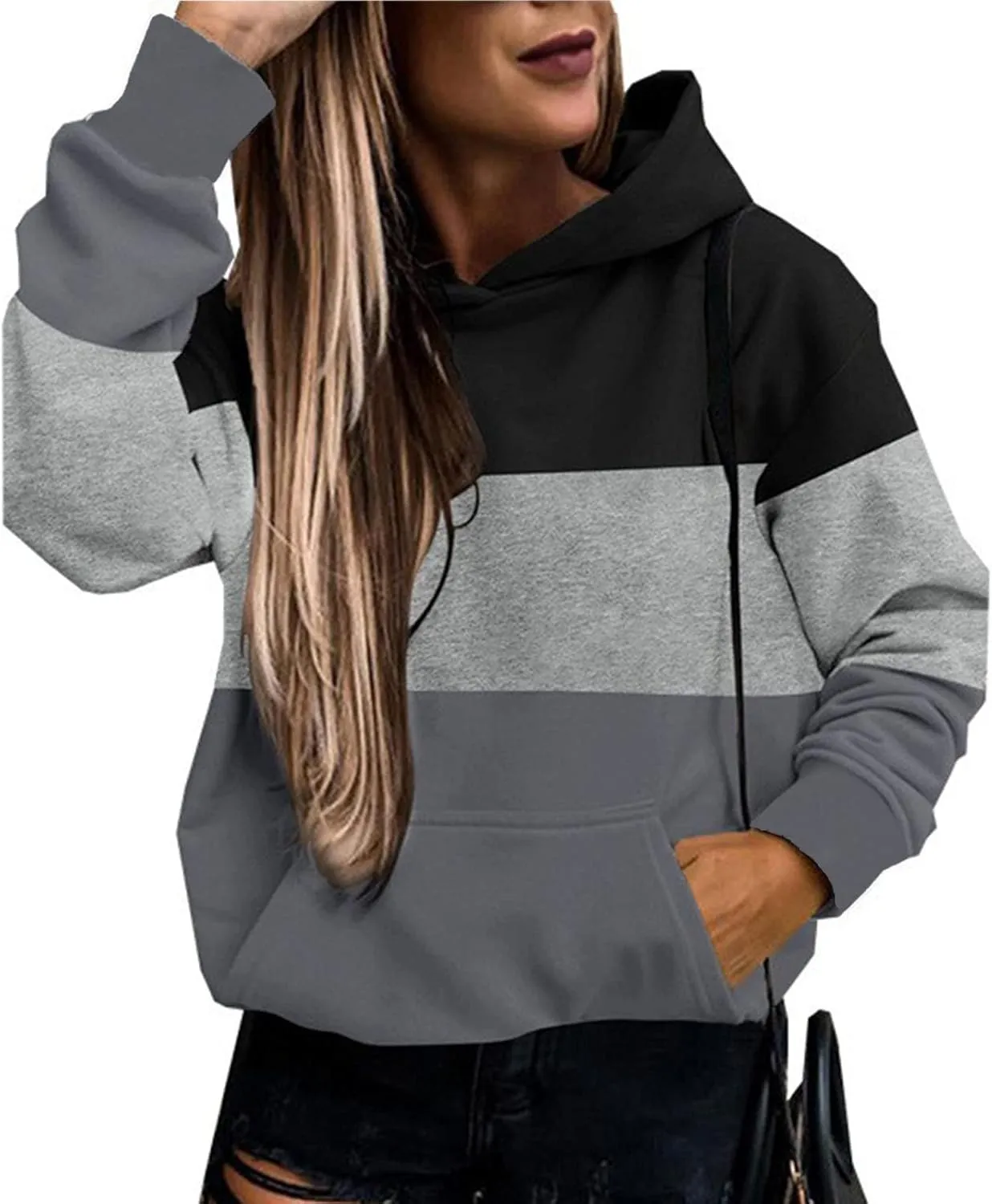 Womens Fall Thin Fleece Hoodie Stylish Colorblock Slouchy Hooded Sweatshirts Preppy Long Sleeve Sport Running Top