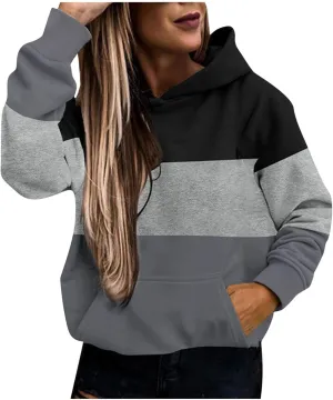 Womens Fall Thin Fleece Hoodie Stylish Colorblock Slouchy Hooded Sweatshirts Preppy Long Sleeve Sport Running Top