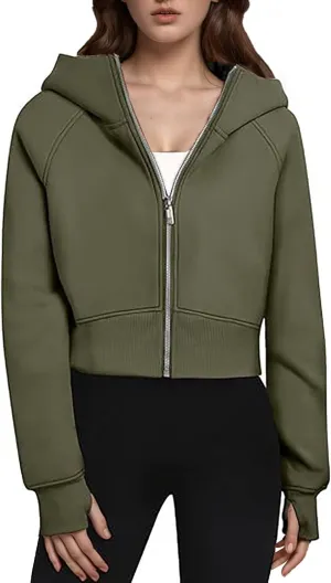 Womens Fashion Hoodie Full Zip Up Solid Color Hooded Cropped Sweatshirts Casual Fall Thumb Hole Fleece Jackets Coat