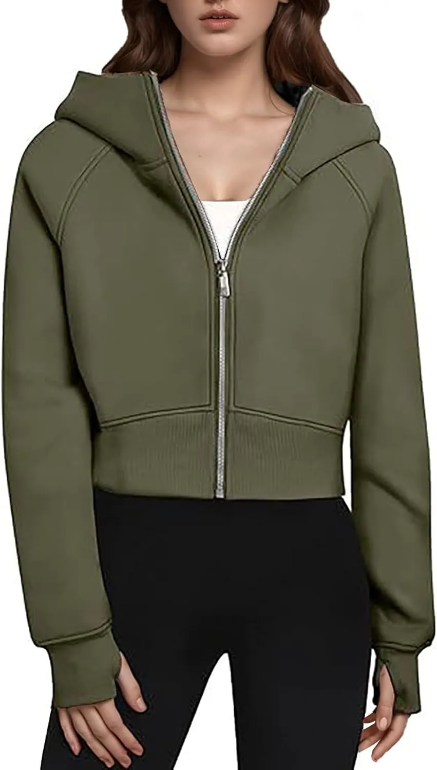 Womens Fashion Hoodie Full Zip Up Solid Color Hooded Cropped Sweatshirts Casual Fall Thumb Hole Fleece Jackets Coat