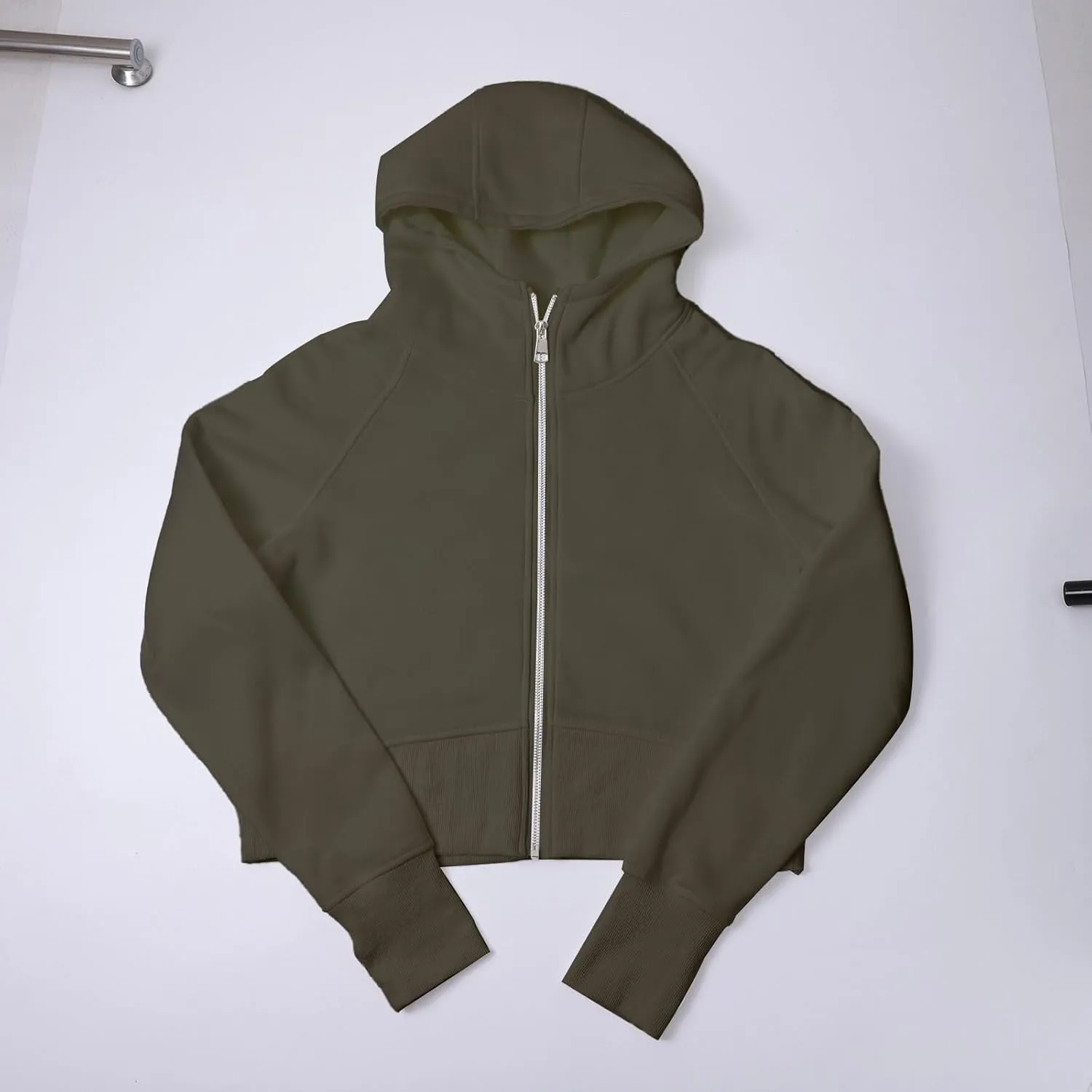 Womens Fashion Hoodie Full Zip Up Solid Color Hooded Cropped Sweatshirts Casual Fall Thumb Hole Fleece Jackets Coat