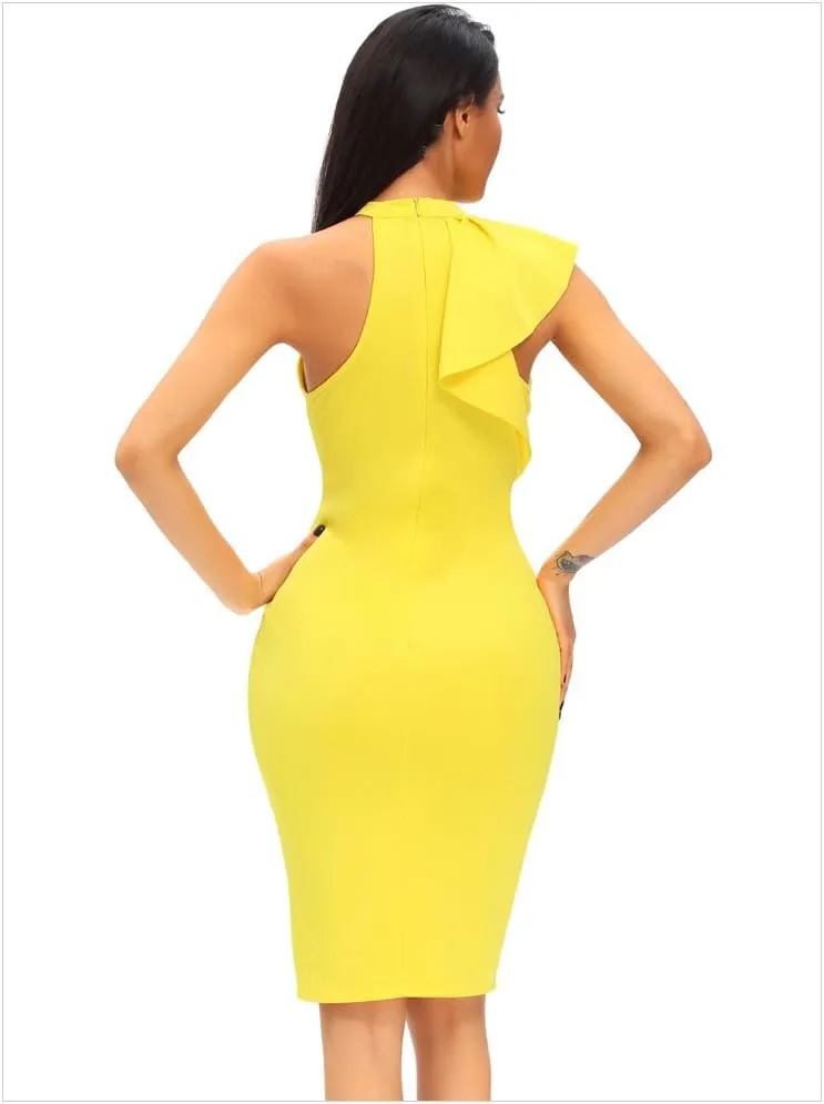 Women's Fashion Ruffle One Shoulder Sleeveless Midi Bodycon Cocktail Party Dress