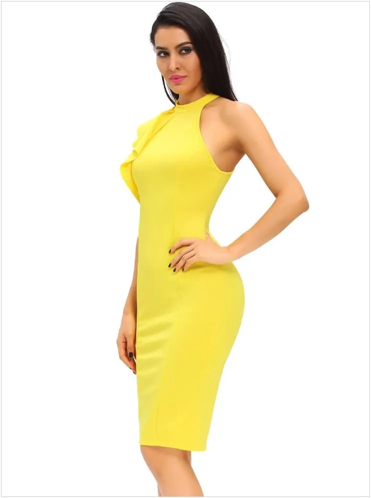 Women's Fashion Ruffle One Shoulder Sleeveless Midi Bodycon Cocktail Party Dress