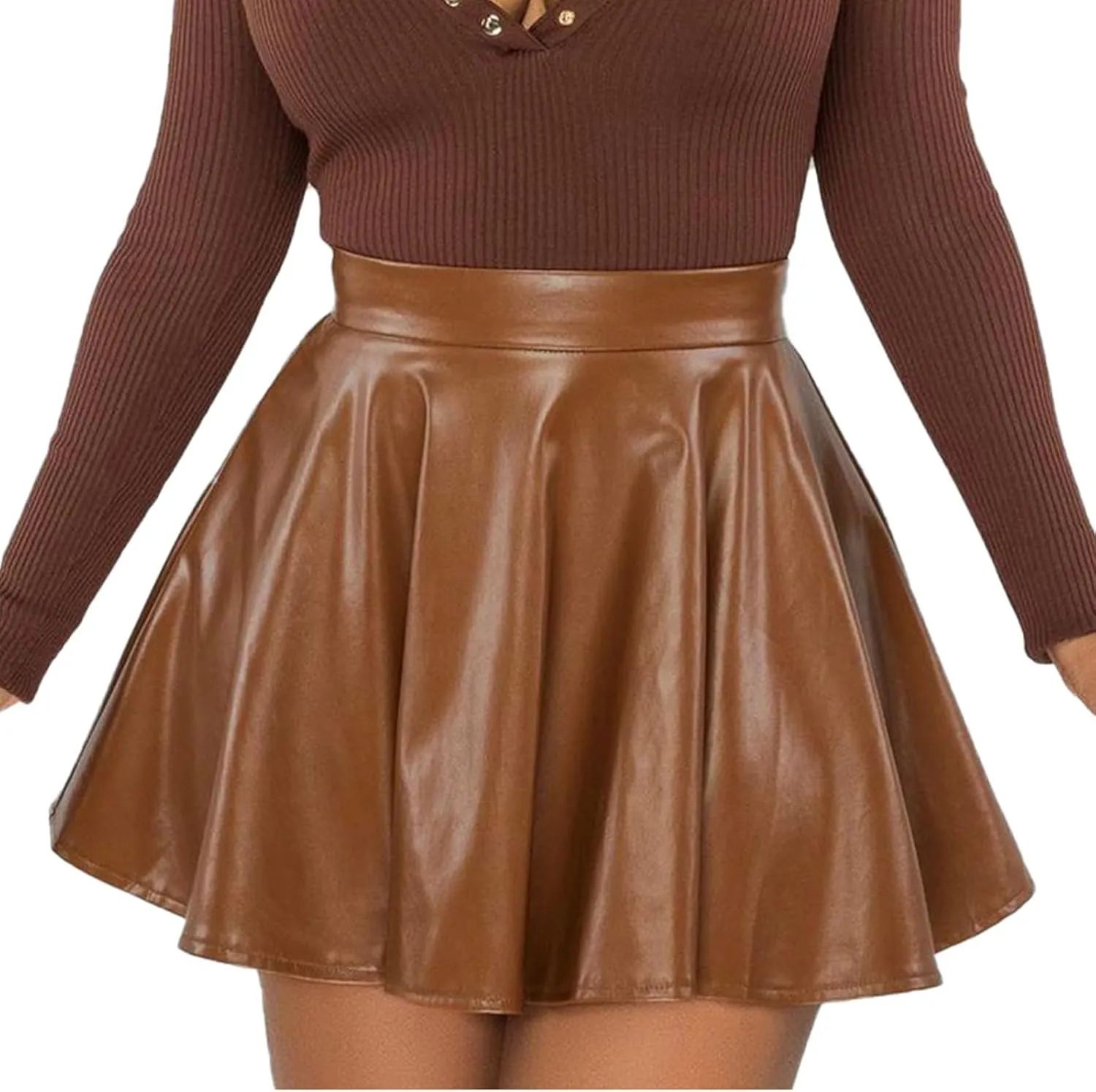 Women's Faux Leather Skirt Pleated Flowy High Waisted A Line Flare PU Leather Mini Skirt PVC Skirt Party Clubwear