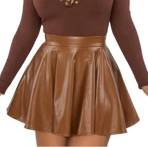 Women's Faux Leather Skirt Pleated Flowy High Waisted A Line Flare PU Leather Mini Skirt PVC Skirt Party Clubwear