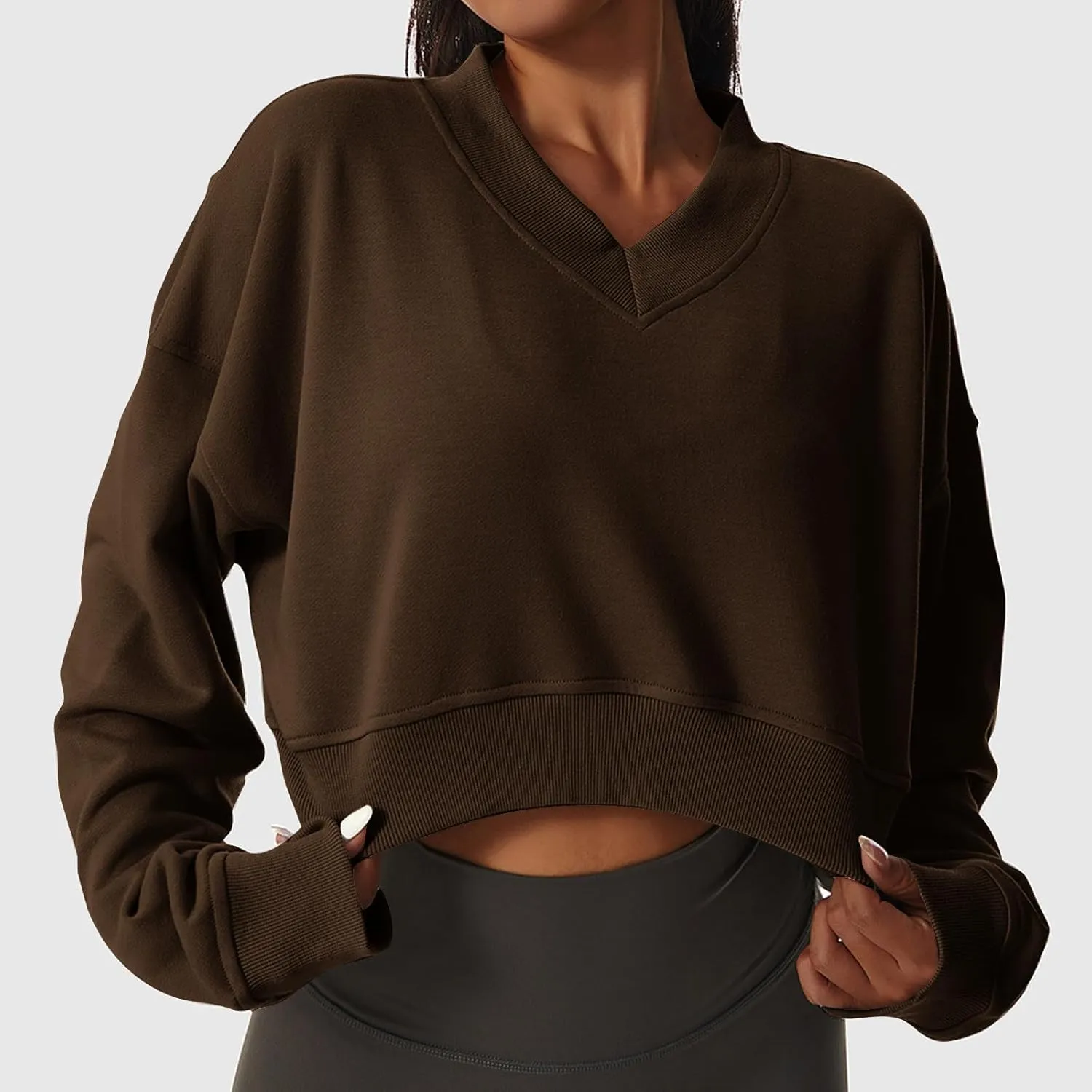 Women's Fleece Lined Sweatshirt Drop Shoulder Slouchy Cropped Tops Long Sleeve Crew Neck Pullover Fall Preppy Clothes
