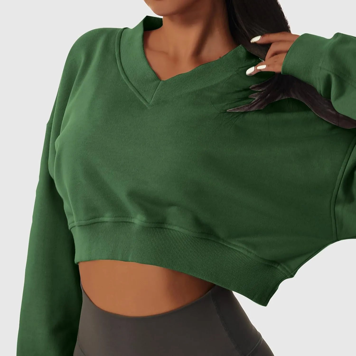 Women's Fleece Lined Sweatshirt Drop Shoulder Slouchy Cropped Tops Long Sleeve Crew Neck Pullover Fall Preppy Clothes