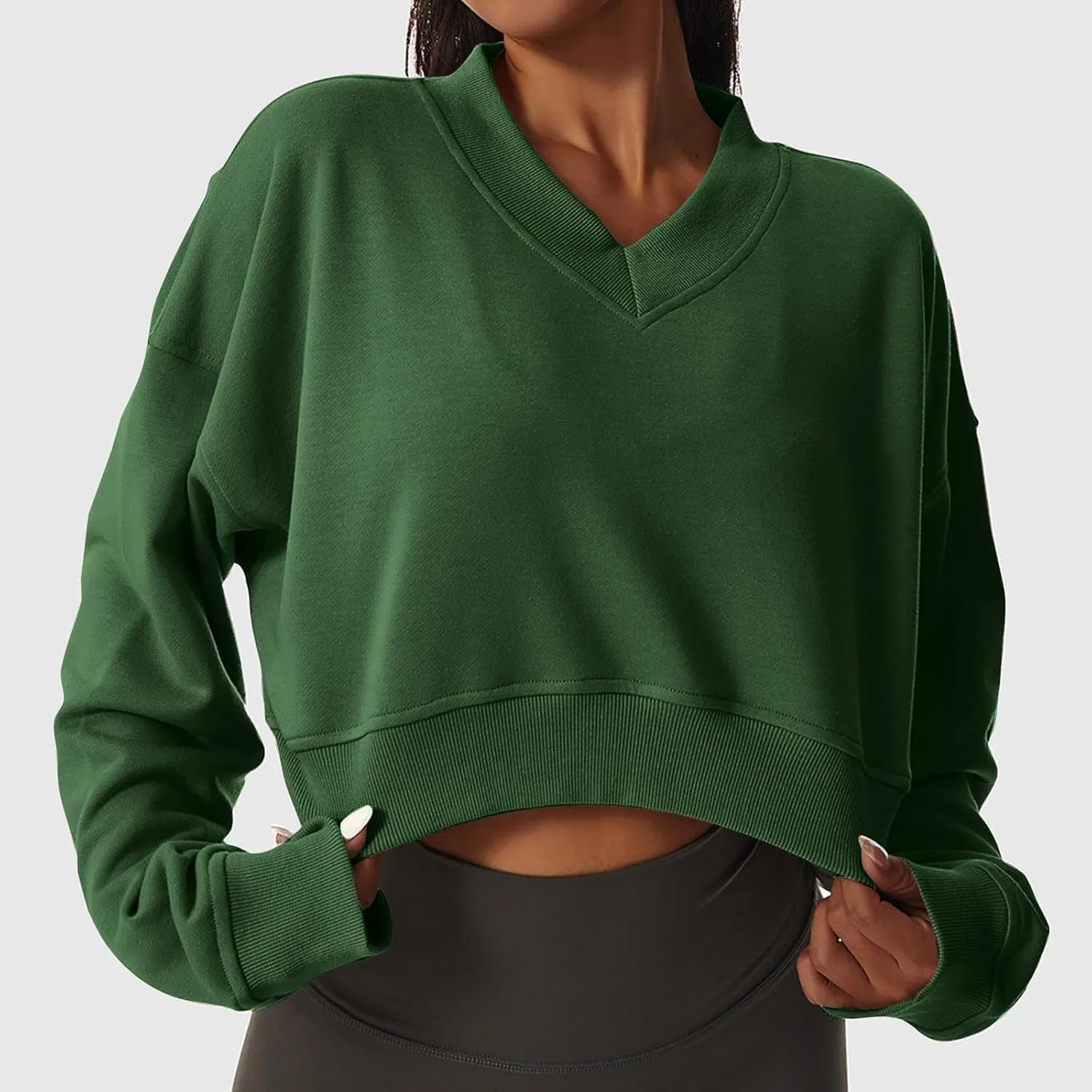 Women's Fleece Lined Sweatshirt Drop Shoulder Slouchy Cropped Tops Long Sleeve Crew Neck Pullover Fall Preppy Clothes