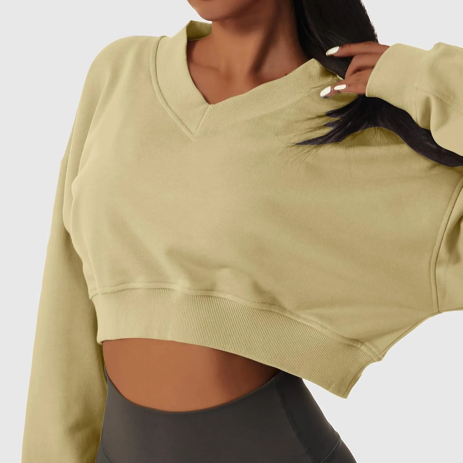 Women's Fleece Lined Sweatshirt Drop Shoulder Slouchy Cropped Tops Long Sleeve Crew Neck Pullover Fall Preppy Clothes