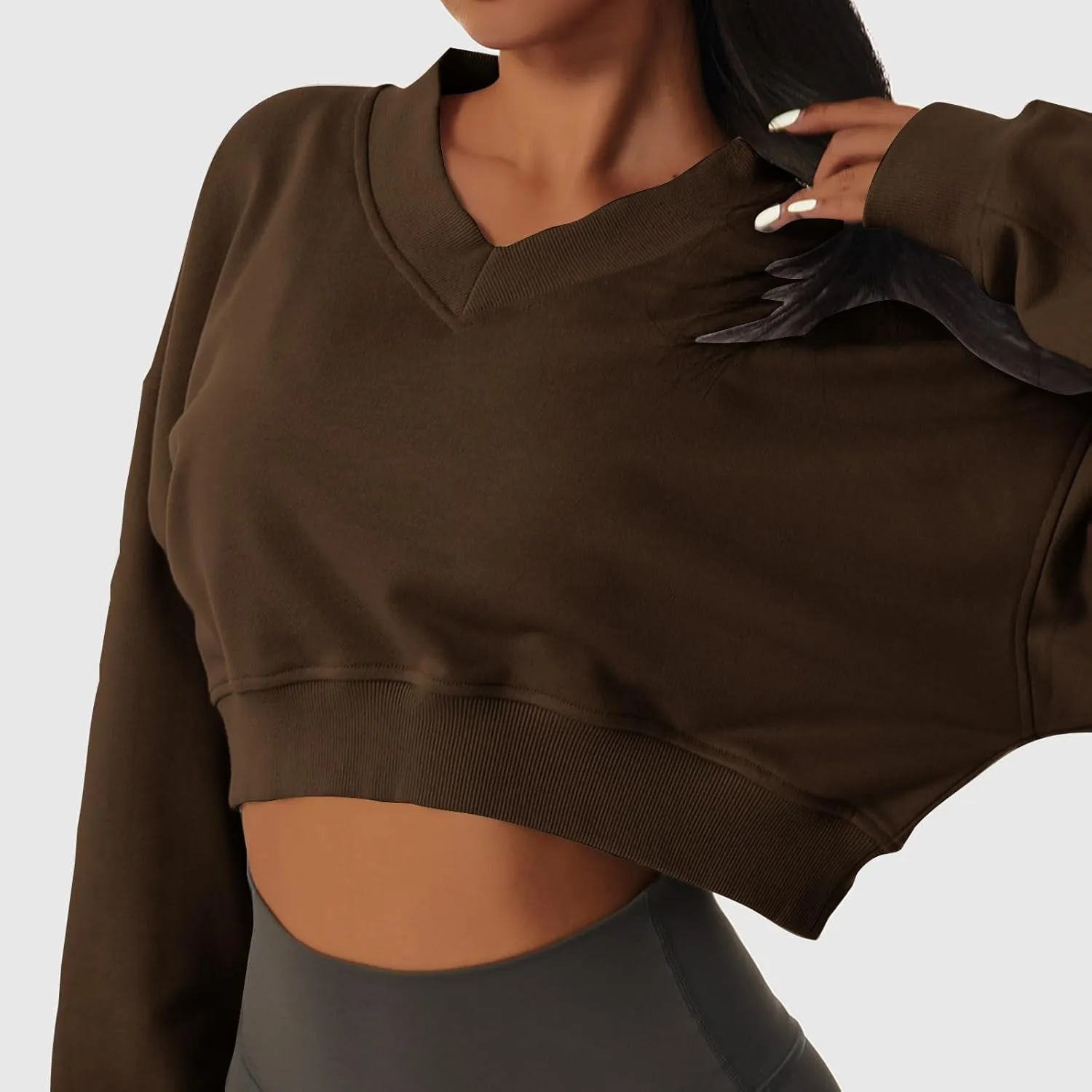 Women's Fleece Lined Sweatshirt Drop Shoulder Slouchy Cropped Tops Long Sleeve Crew Neck Pullover Fall Preppy Clothes