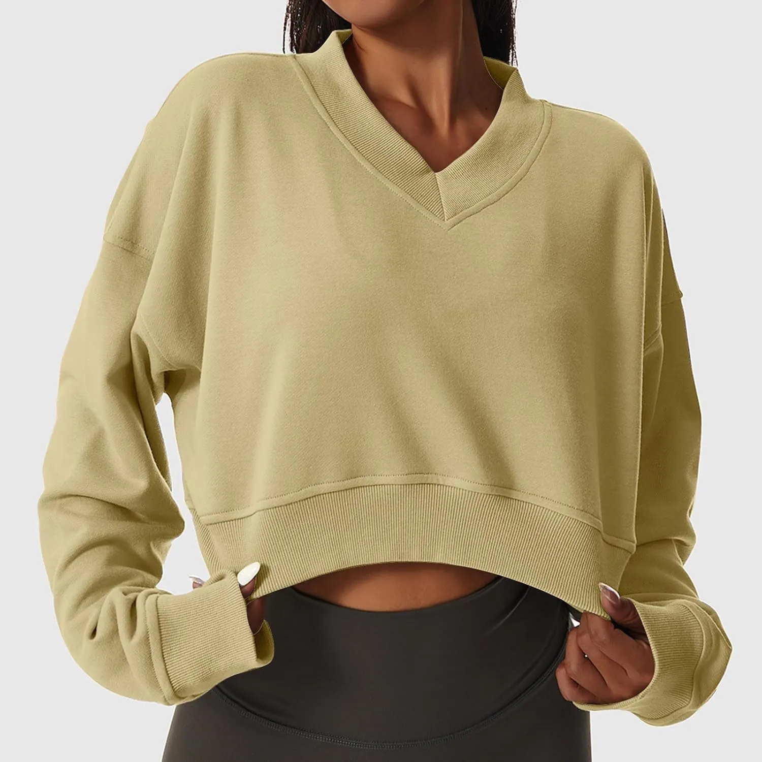Women's Fleece Lined Sweatshirt Drop Shoulder Slouchy Cropped Tops Long Sleeve Crew Neck Pullover Fall Preppy Clothes