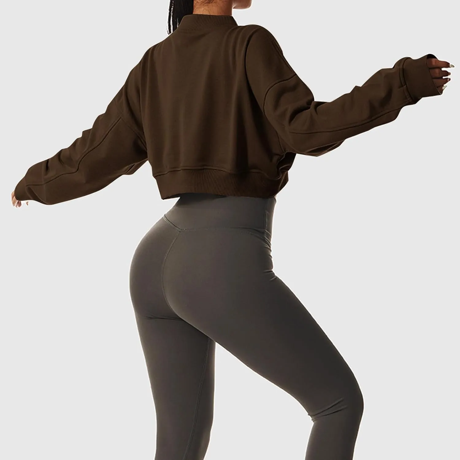 Women's Fleece Lined Sweatshirt Drop Shoulder Slouchy Cropped Tops Long Sleeve Crew Neck Pullover Fall Preppy Clothes