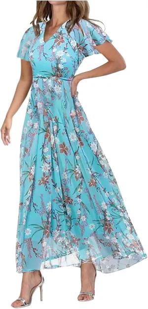 Womens Floral Boho Maxi Dress Summer Short Sleeve Wedding Guest Dress Empire Waist Chiffon Modest Midi Dresses