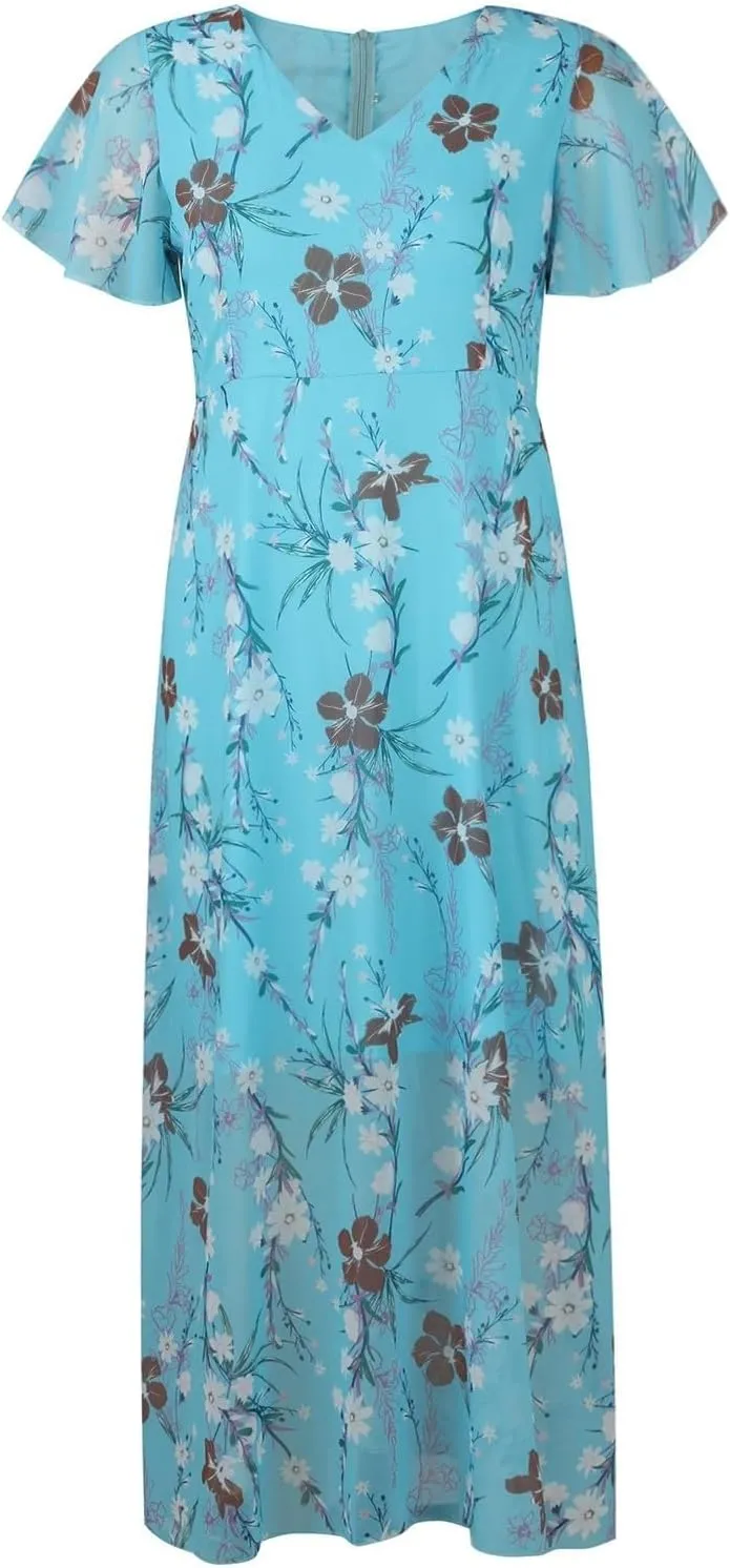 Womens Floral Boho Maxi Dress Summer Short Sleeve Wedding Guest Dress Empire Waist Chiffon Modest Midi Dresses
