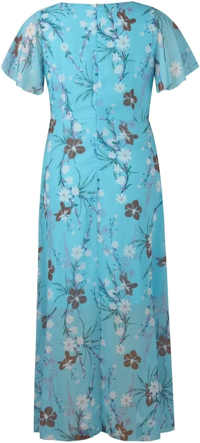 Womens Floral Boho Maxi Dress Summer Short Sleeve Wedding Guest Dress Empire Waist Chiffon Modest Midi Dresses